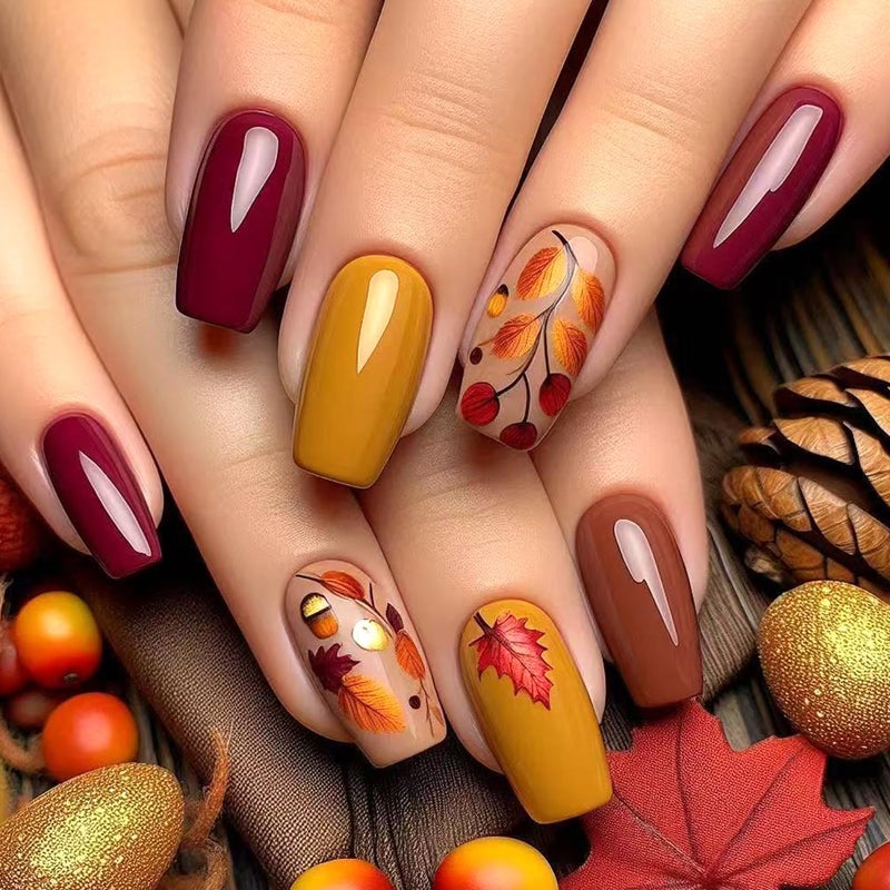 CJDLTS Thanksgiving Press on Nails Medium Ballet Shaped Fall Maple Leaf False Nail Full Cover Glossy Autumn Press Ons Stick on Nail Artificial Acrylic Fingernails Festival Glue on Nails for Women 24Pcs - Image 1